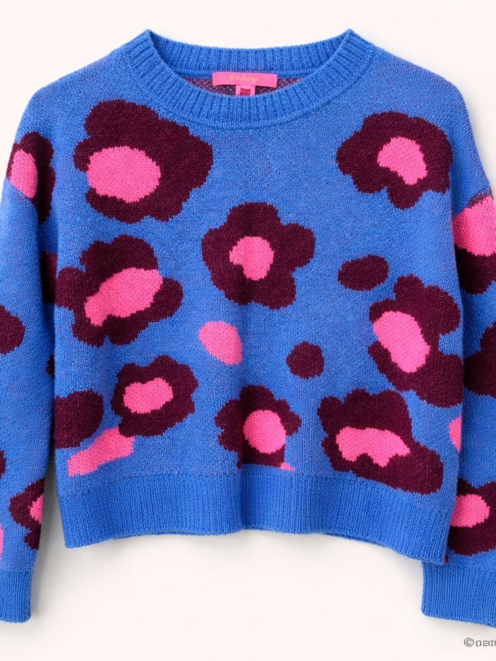 Lilly Pulitzer Blue Crewneck Sweater with Pink and Burgundy Floral Pattern